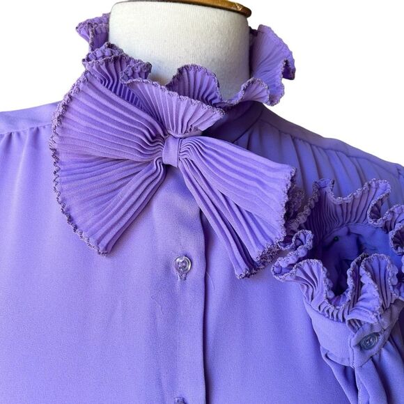 Vintage Lavender Purple Ruffle High Neck 1980s Victorian inspired Midi Dress - L - Picture 8 of 11